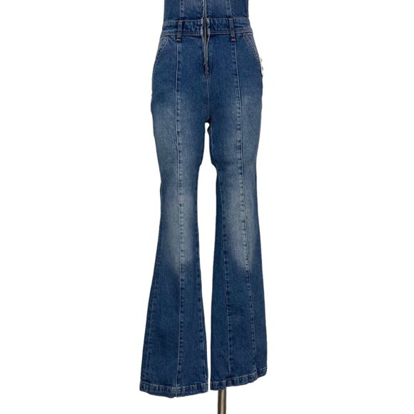 Free People We The Free Camilla Denim Overalls XS Rolling River Bell Bottoms - Picture 10 of 12